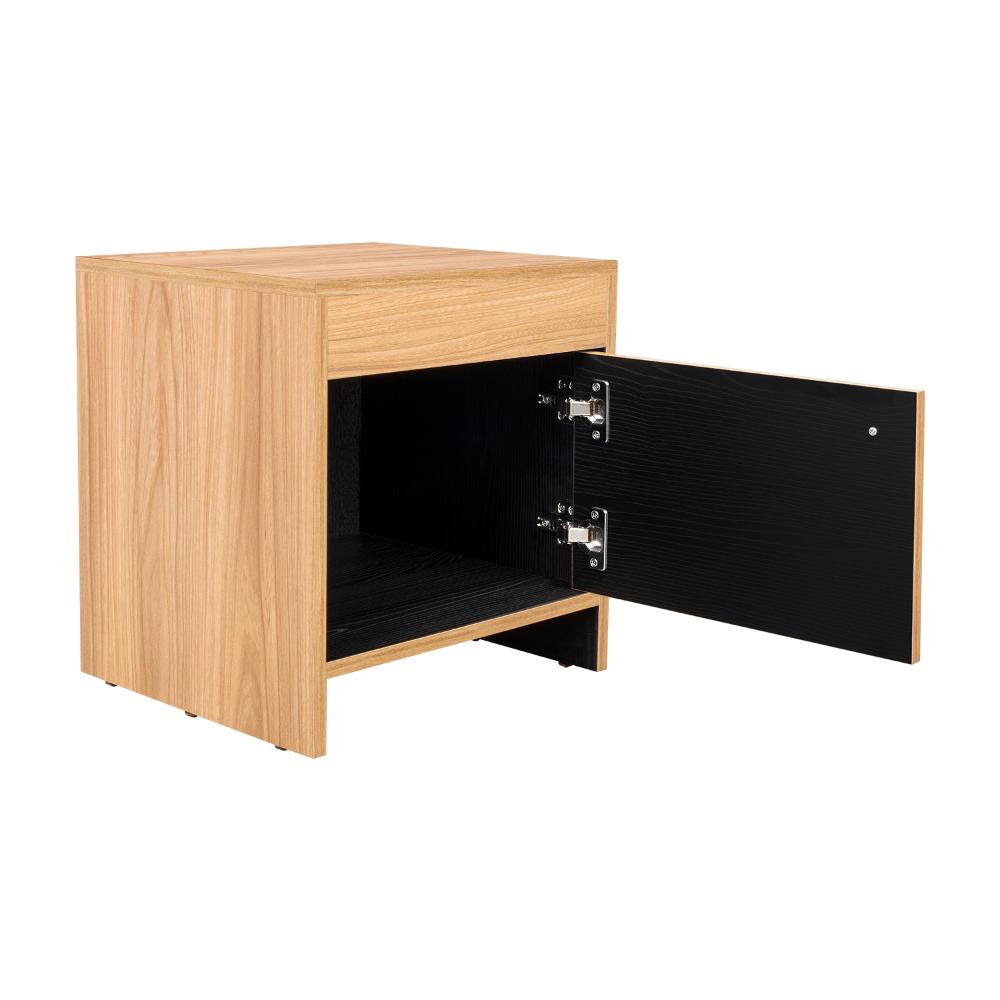 Mesa de Noche Tutto, Fresno Europeo y Wengue, Con Cajón Para Guardar Objetos Ideal Para Espacios Reducidos