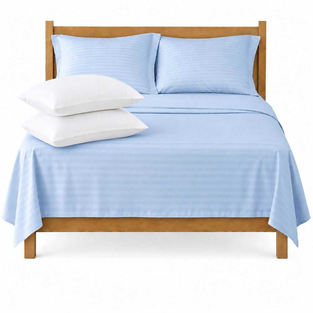 Combo Juego de sábanas + 2 almohadas siliconadas doble celeste
