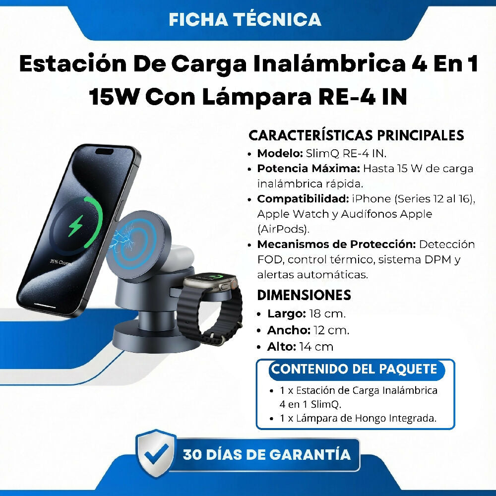 Estación De Carga Inalámbrica 4 En 1 15W Con Lámpara Tipo Hongo