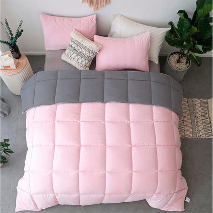 Edredón Cover Cuadros Bicolor Gris Oscuro Rosado Queen