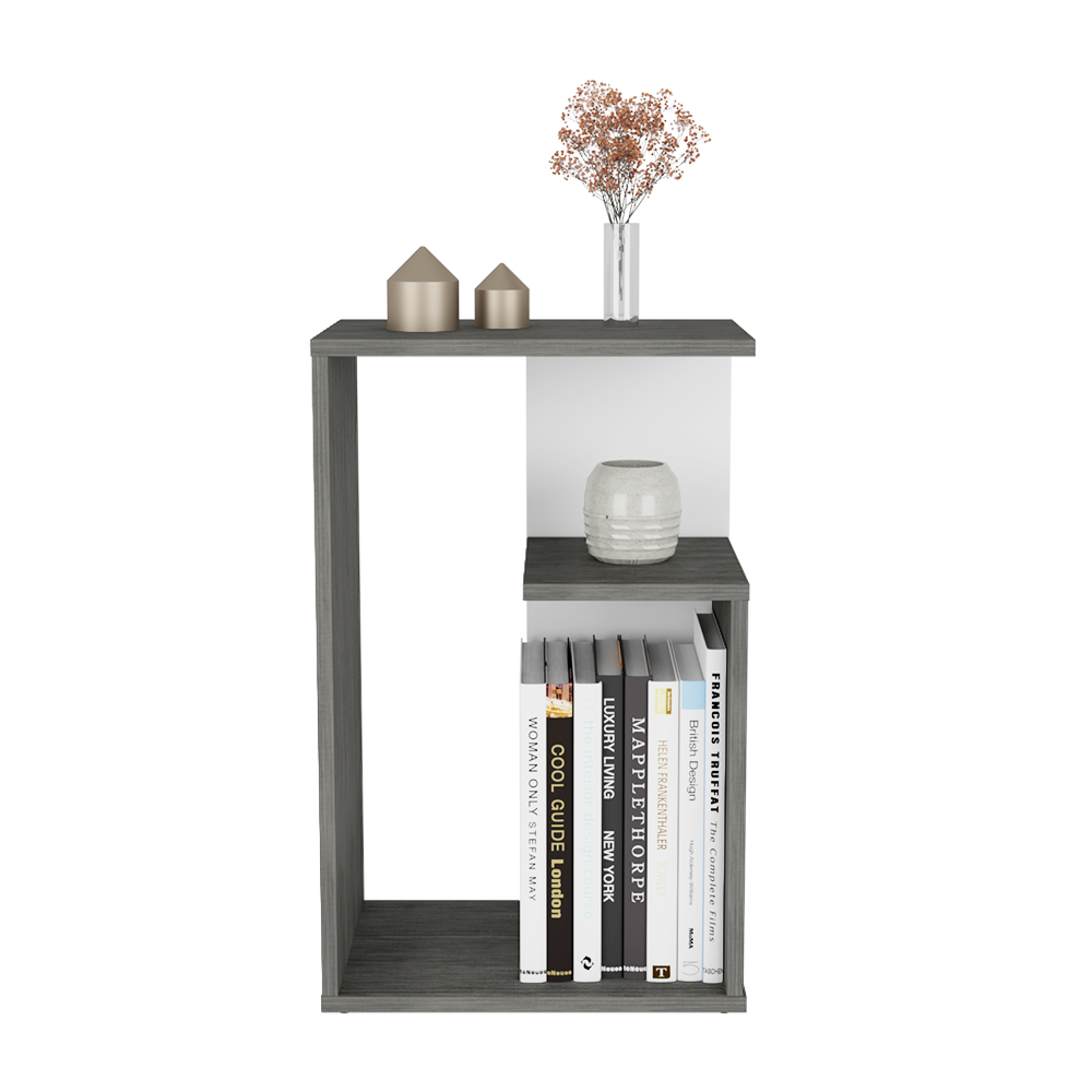 Mesa de Noche Evert, Roble y Gris, con diseño moderno y espacio para ubicar objetos X2