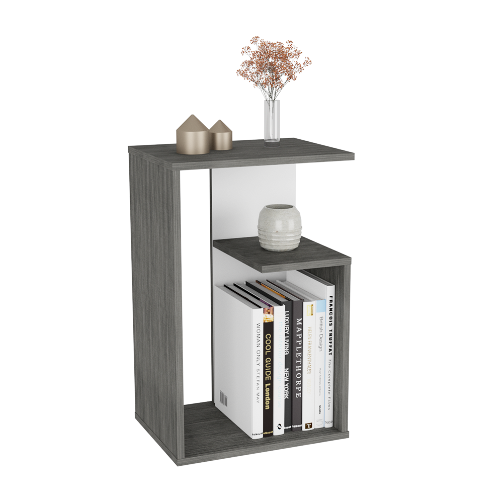 Mesa de Noche Evert, Roble y Gris, con diseño moderno y espacio para ubicar objetos