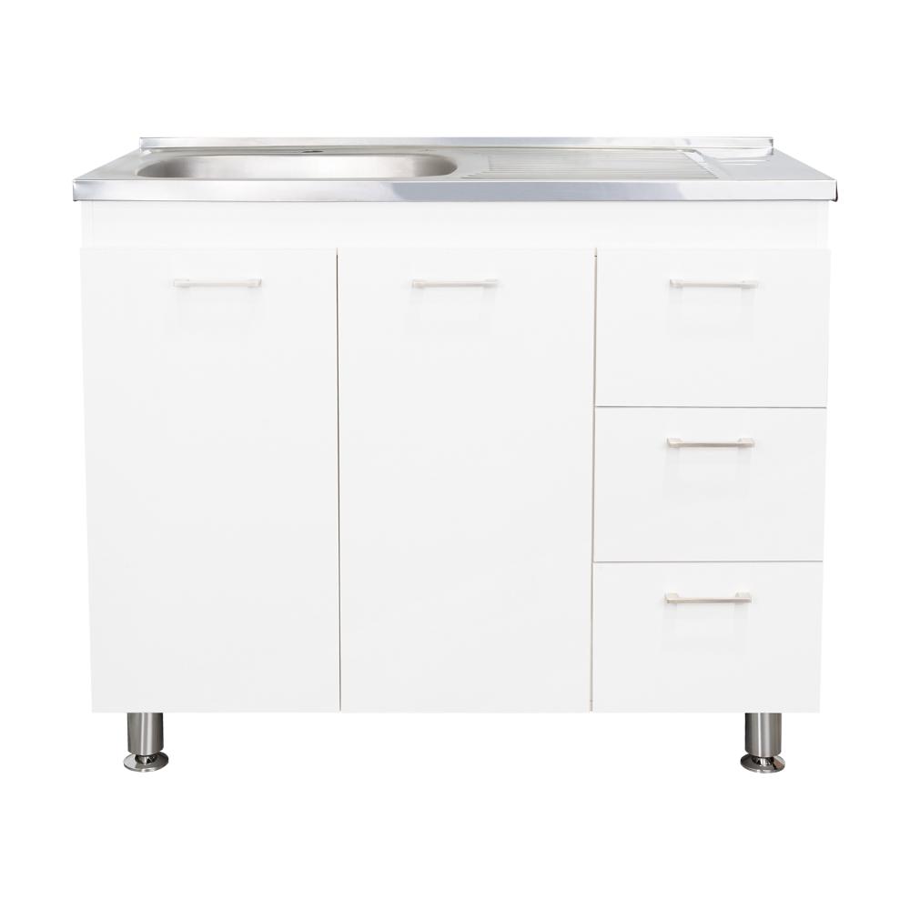 Gabinete Inferior Stella, Blanco Perla, con Dos Puertas Batientes y Tres Cajones Deslizables, con Mesón Izquierdo