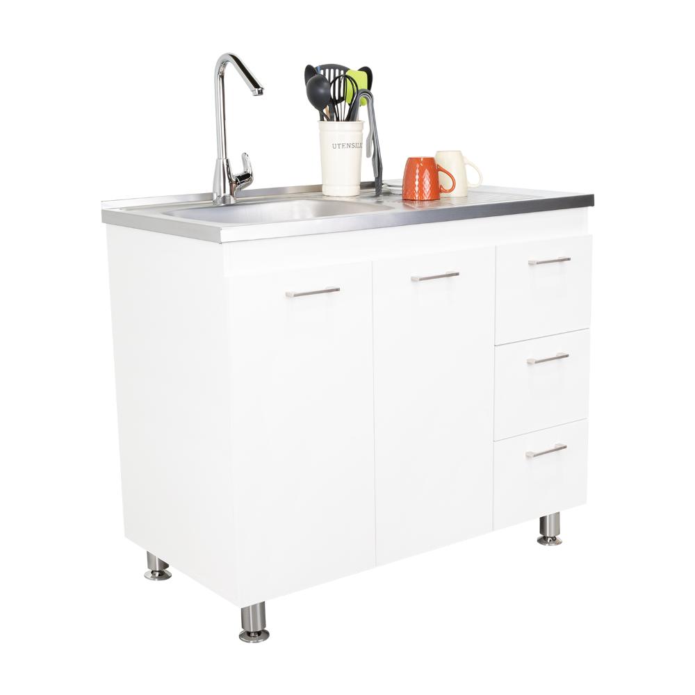 Gabinete Inferior Stella, Blanco Perla, con Dos Puertas Batientes y Tres Cajones Deslizables, con Mesón Izquierdo