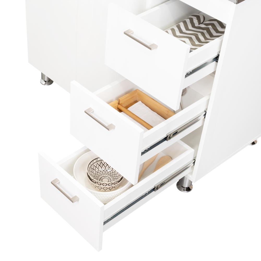 Gabinete Inferior Stella, Blanco Perla, con Dos Puertas Batientes y Tres Cajones Deslizables, con Mesón Izquierdo