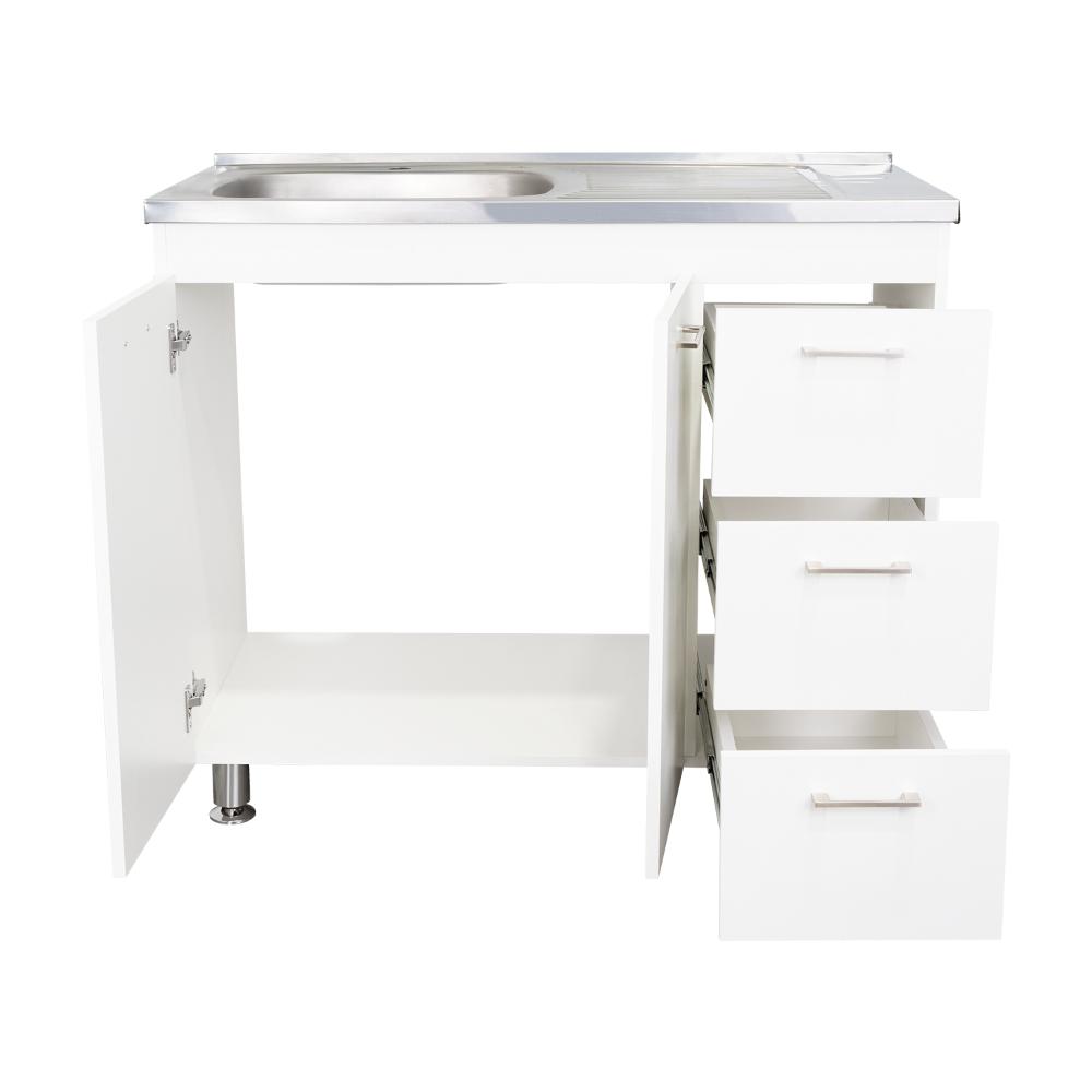 Gabinete Inferior Stella, Blanco Perla, con Dos Puertas Batientes y Tres Cajones Deslizables, con Mesón Izquierdo