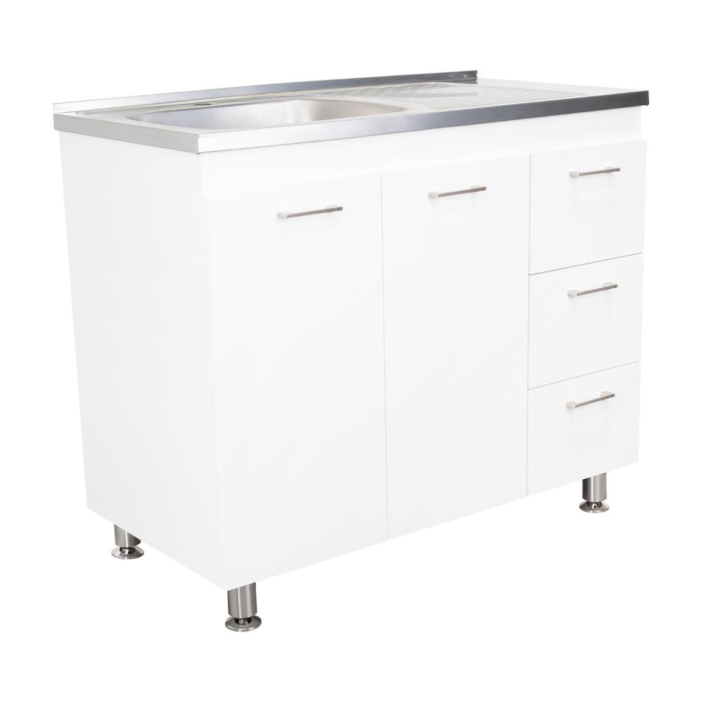 Gabinete Inferior Stella, Blanco Perla, con Dos Puertas Batientes y Tres Cajones Deslizables, con Mesón Izquierdo