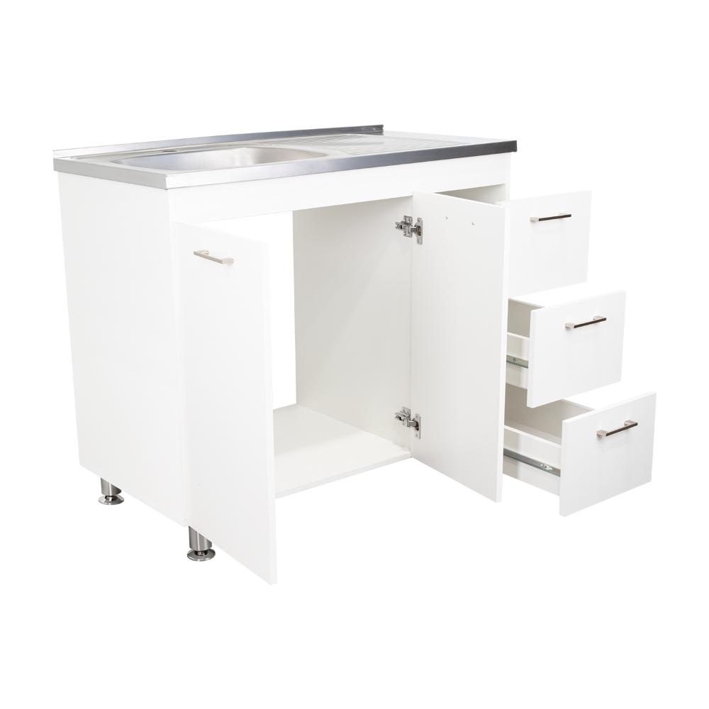 Gabinete Inferior Stella, Blanco Perla, con Dos Puertas Batientes y Tres Cajones Deslizables, con Mesón Izquierdo