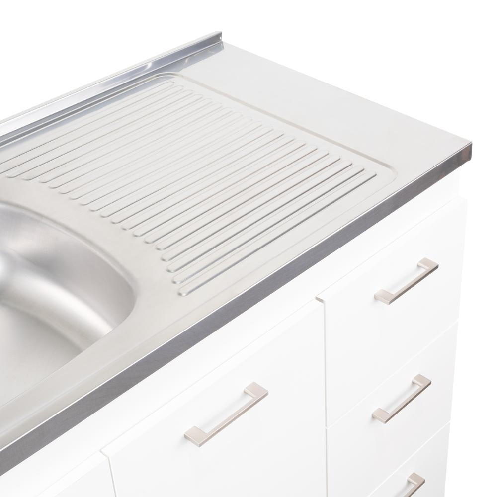 Gabinete Inferior Stella, Blanco Perla, con Dos Puertas Batientes y Tres Cajones Deslizables, con Mesón Izquierdo