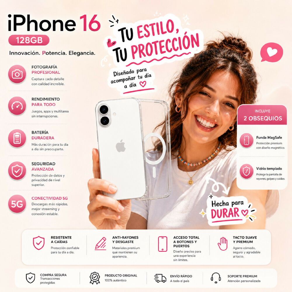 Celular Apple IPhone 16 5G 128gb 8gb RAM + Obsequio Vidrio Templado Y Forro Blanco