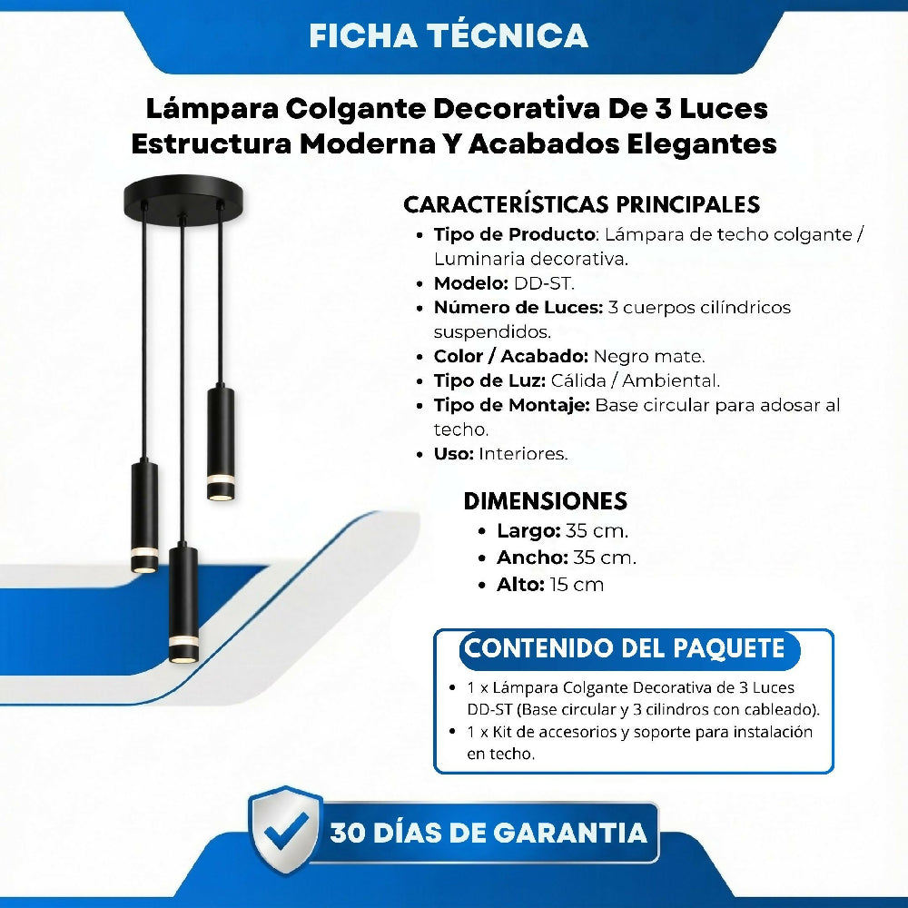 Lámpara Colgante Decorativa De 3 Luces Estructura Moderna Y Acabados Elegantes