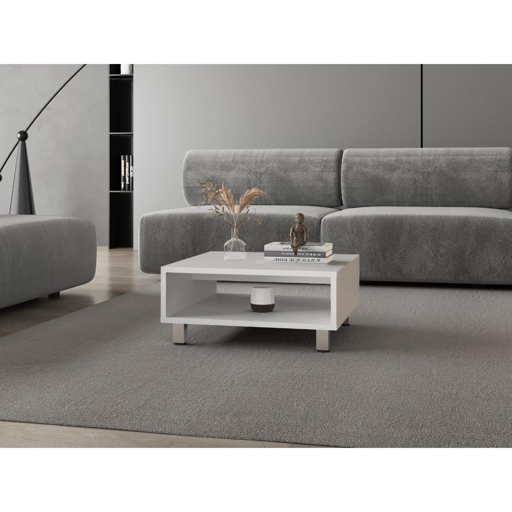 Mesa de Centro Pity, Blanco, con Patas en Acero Cromado ZF