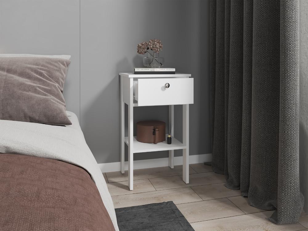 Mesa de Noche Camil II, Blanco Duqueza, con un cajon y manija tipo boton ZF