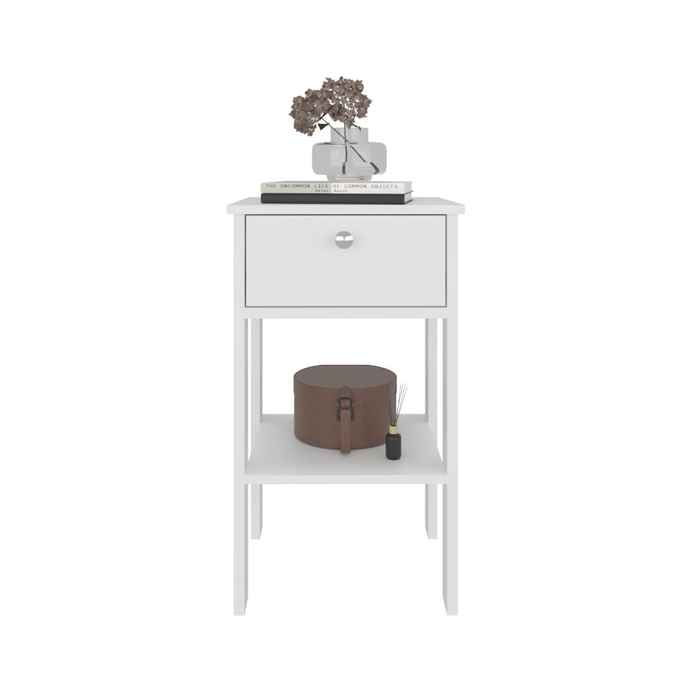 Mesa de Noche Camil II, Blanco Duqueza, con un cajon y manija tipo boton ZF