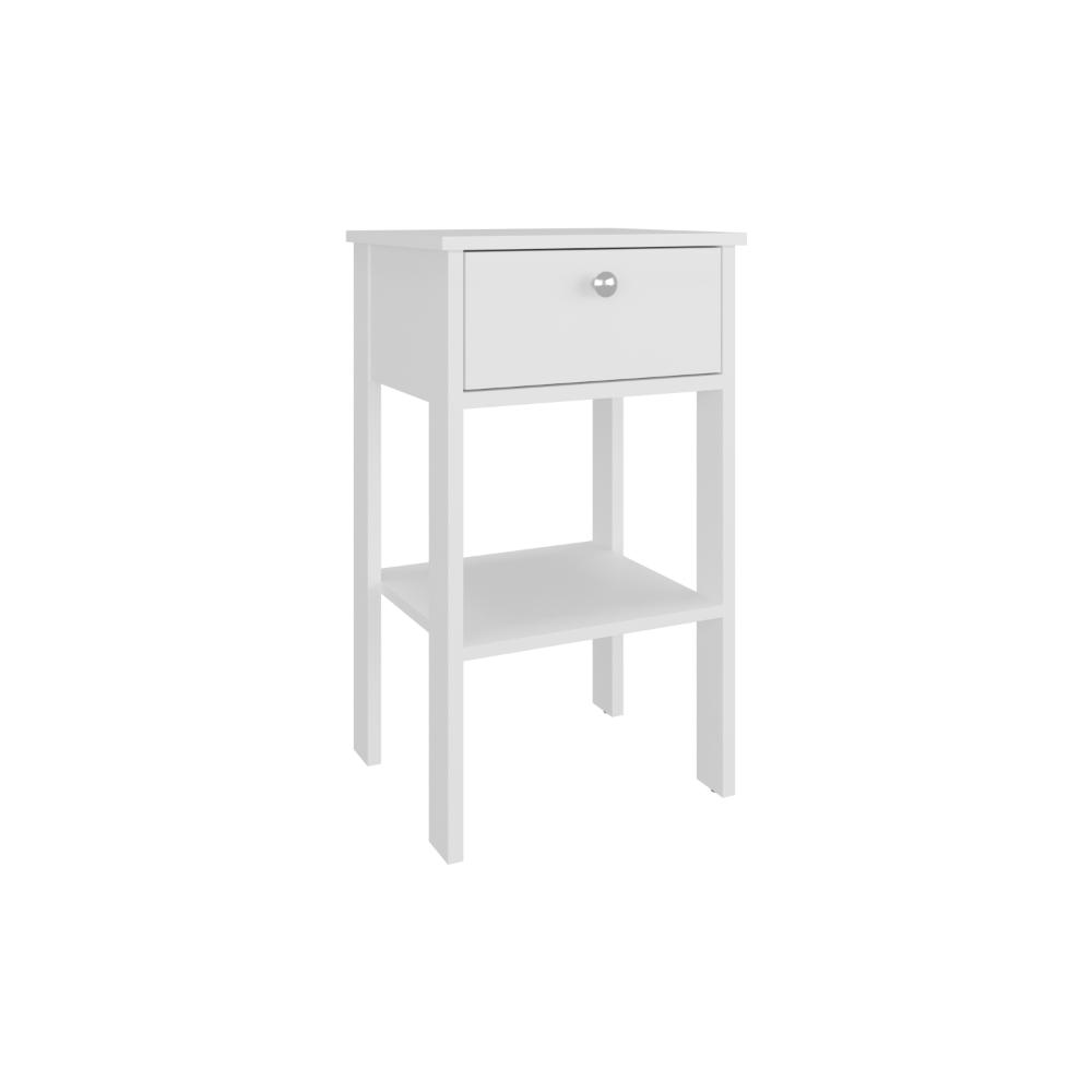 Mesa de Noche Camil II, Blanco Duqueza, con un cajon y manija tipo boton ZF