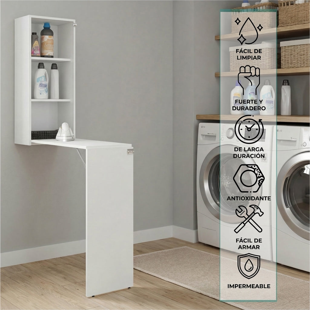 Mesa Para Planchar Plegable a la Pared Vesper, Blanco, con Amplia Superficie Baja Para Almacenamiento ZF