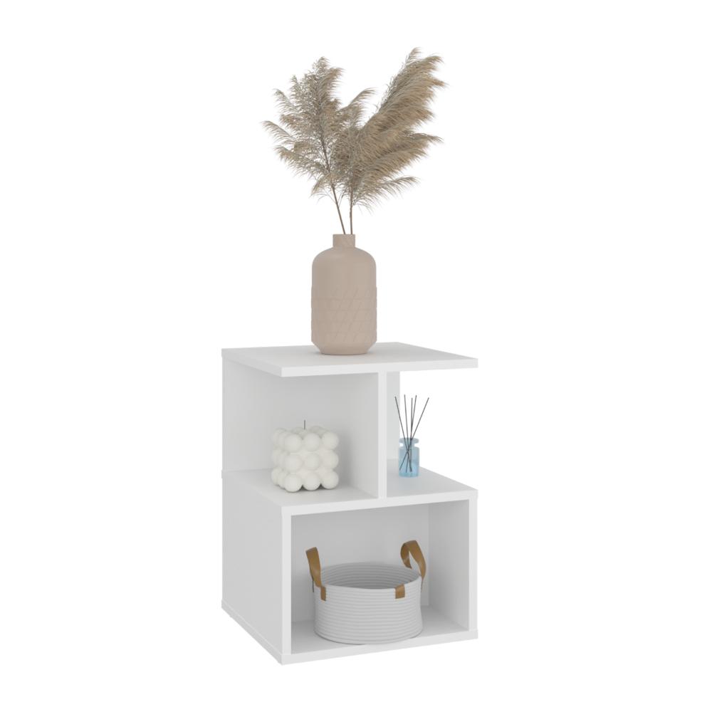 Mesa de Noche Ocaso, Blanco, Con variedad de entrepaños para ubicar objetos, diseño moderno ZF