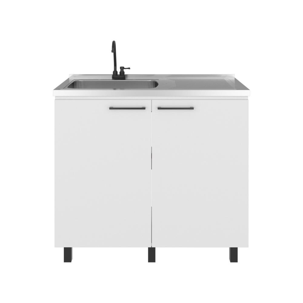 Gabinete Inferior Cantabria, Kronos Blanco, con Dos Puertas Abatibles- Mesón Izquierdo y Grifería ZF