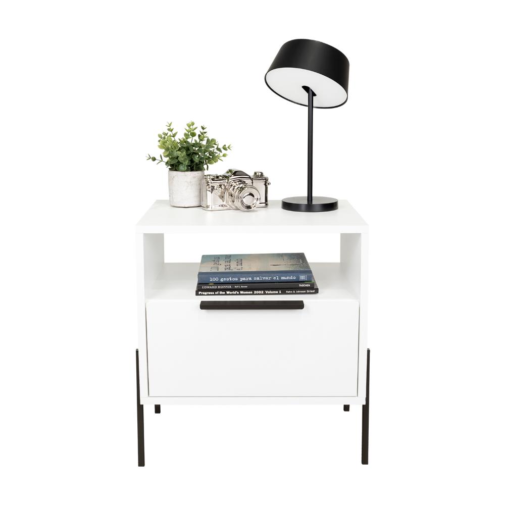 Mesa de Noche Wesley, Blanco Duqueza, Con Un Cajón Deslizable y Entrepaños