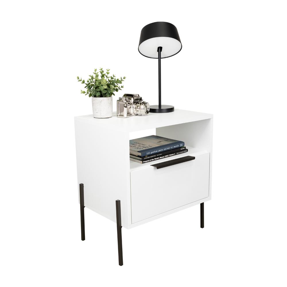 Mesa de Noche Wesley, Blanco Duqueza, Con Un Cajón Deslizable y Entrepaños