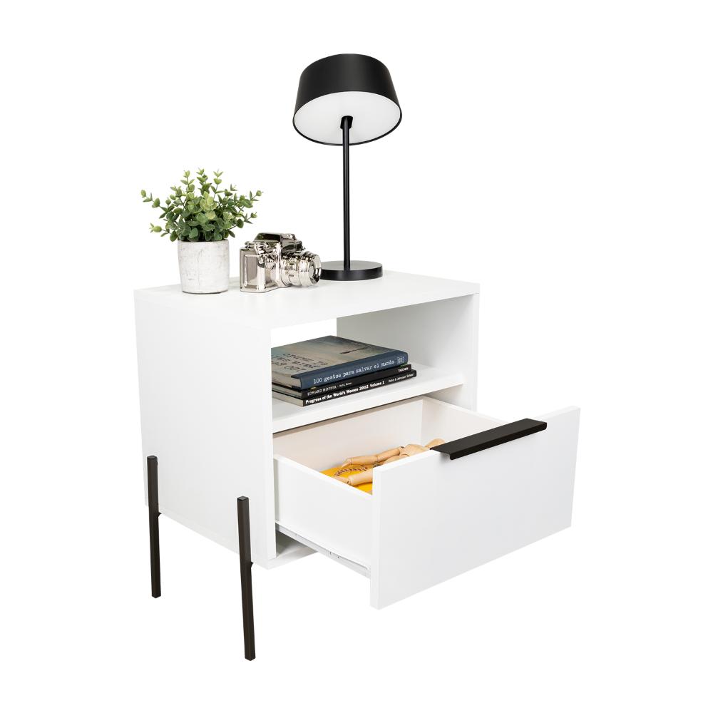 Mesa de Noche Wesley, Blanco Duqueza, Con Un Cajón Deslizable y Entrepaños