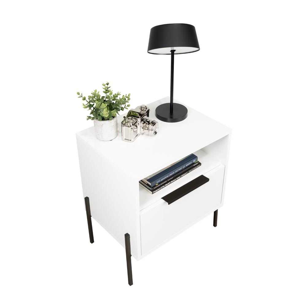 Mesa de Noche Wesley, Blanco Duqueza, Con Un Cajón Deslizable y Entrepaños