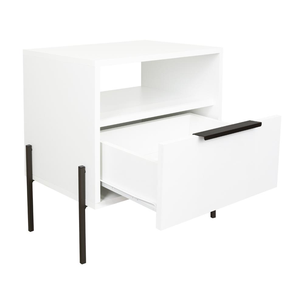 Mesa de Noche Wesley, Blanco Duqueza, Con Un Cajón Deslizable y Entrepaños