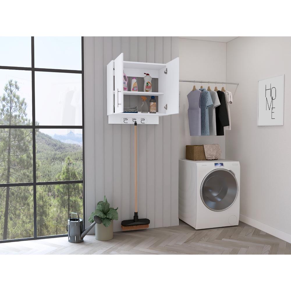 Mueble Auxiliar de Aseo Sotavento, Blanco, Colgador de Escobas y Dos Entrepaños ZF