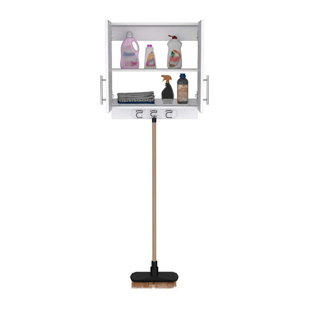 Mueble Auxiliar de Aseo Sotavento, Blanco, Colgador de Escobas y Dos Entrepaños ZF