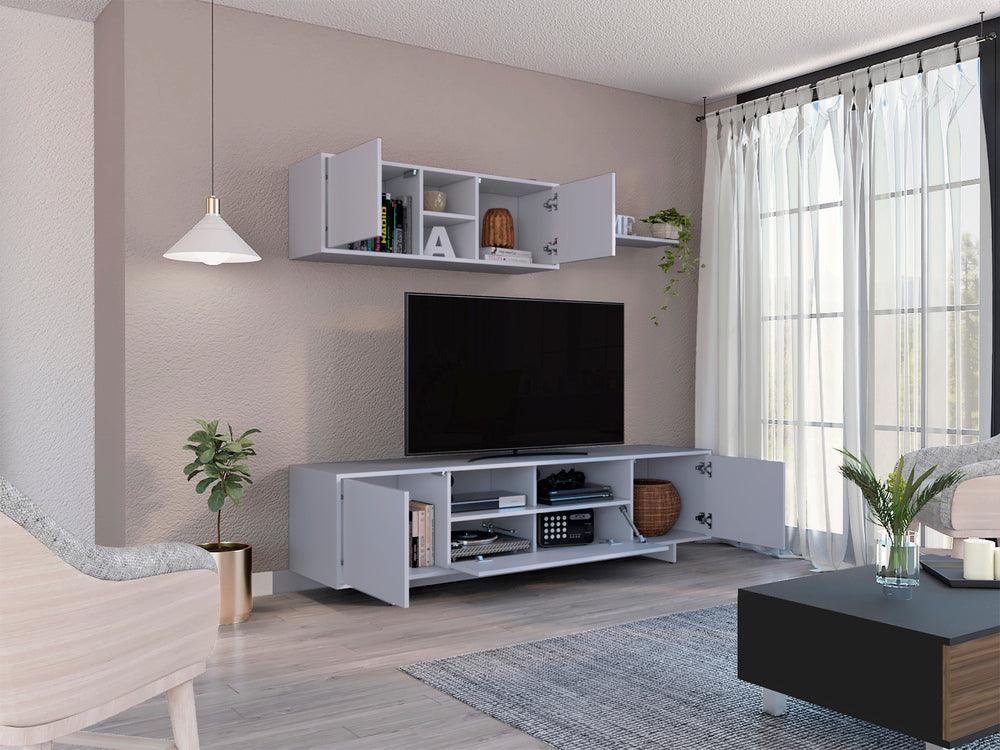 Mesa Para Tv Abni, Blanco, con tres puertas batientes y amplio espacio para objetos decorativos - VIRTUAL MUEBLES