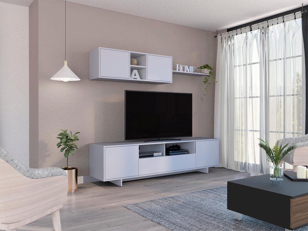 Mesa Para Tv Abni, Blanco, con tres puertas batientes y amplio espacio para objetos decorativos - VIRTUAL MUEBLES