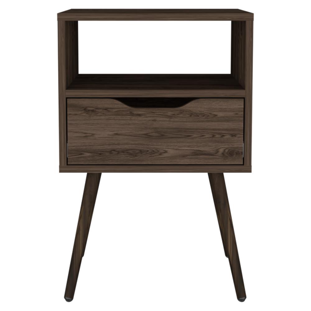 Mesa de Noche Alesio, Chocolate, con Patas en Madera y un Cajón ZF