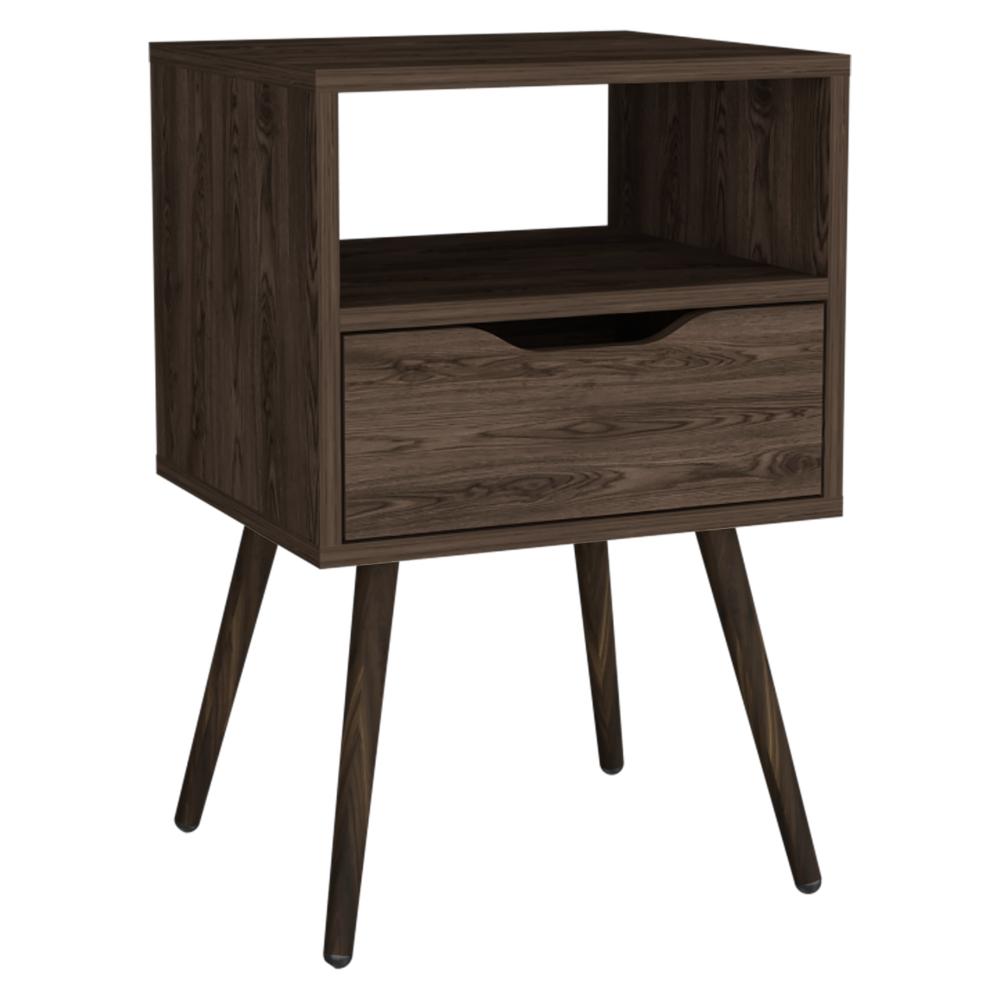 Mesa de Noche Alesio, Chocolate, con Patas en Madera y un Cajón ZF