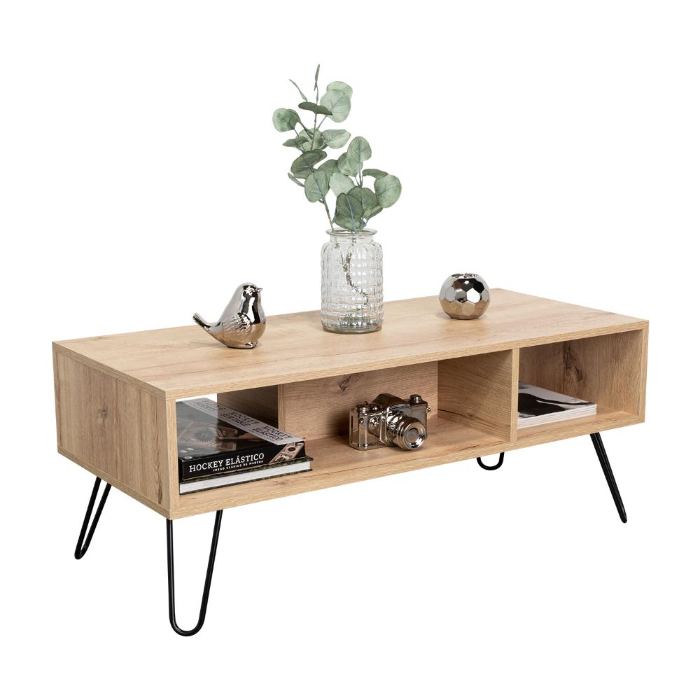 Mesa de Centro Lara, Café claro, con Amplio Espacio y Patas de Acero
