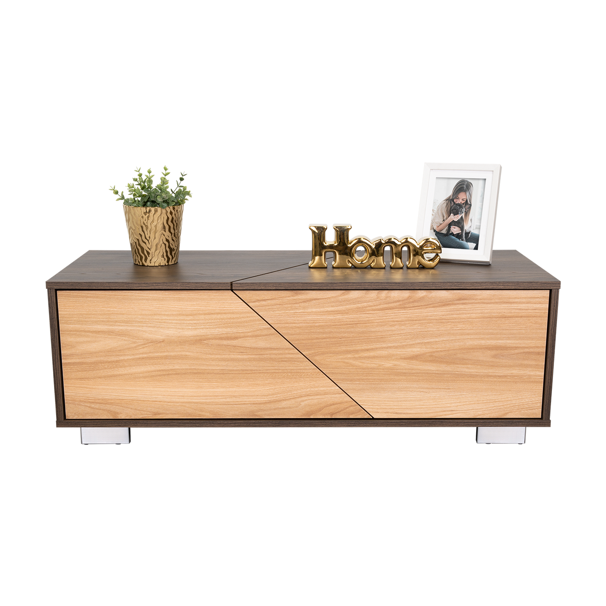 Mesa de Centro Orus, Nogal y Fresno Europeo, con una Puerta y Patas de Acero