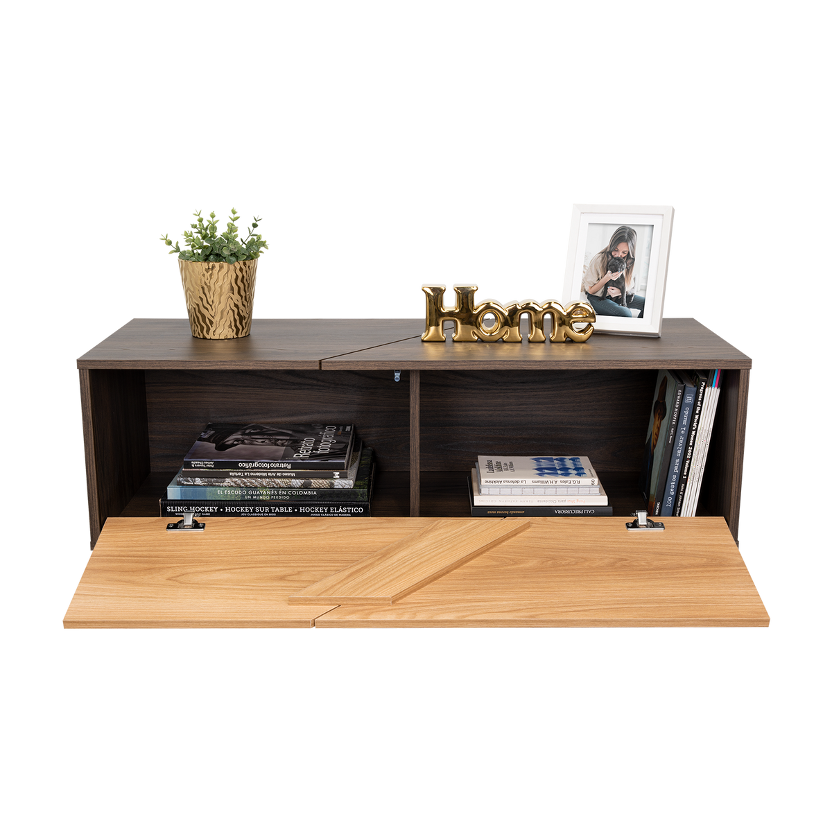 Mesa de Centro Orus, Nogal y Fresno Europeo, con una Puerta y Patas de Acero