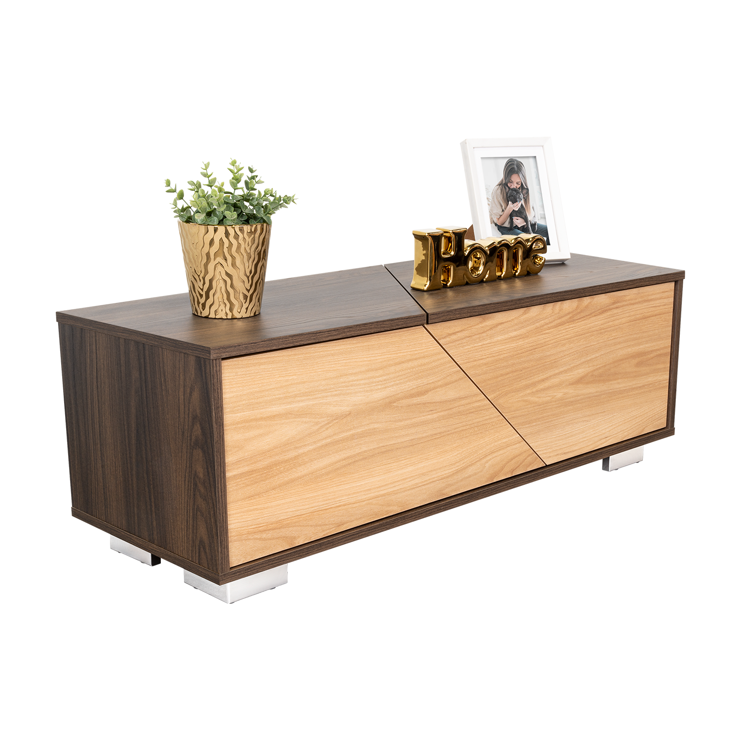 Mesa de Centro Orus, Nogal y Fresno Europeo, con una Puerta y Patas de Acero