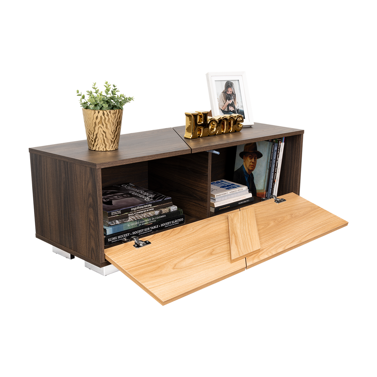 Mesa de Centro Orus, Nogal y Fresno Europeo, con una Puerta y Patas de Acero