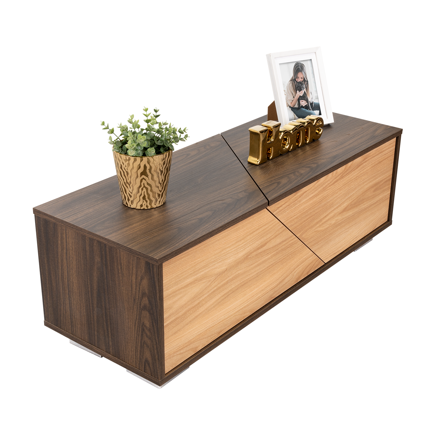 Mesa de Centro Orus, Nogal y Fresno Europeo, con una Puerta y Patas de Acero