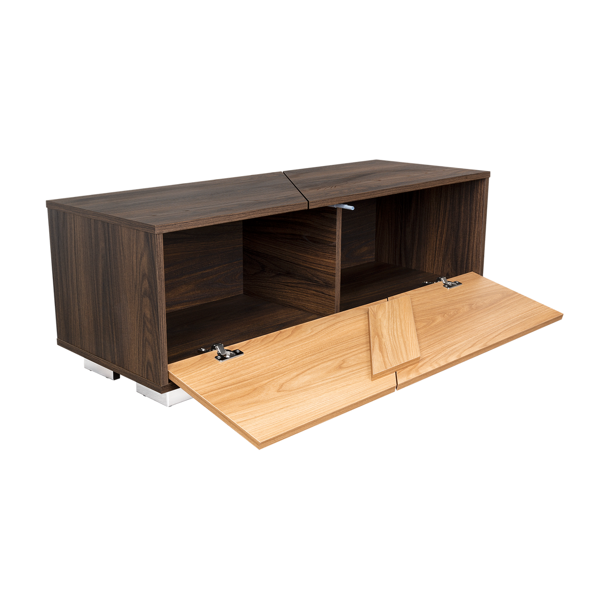 Mesa de Centro Orus, Nogal y Fresno Europeo, con una Puerta y Patas de Acero