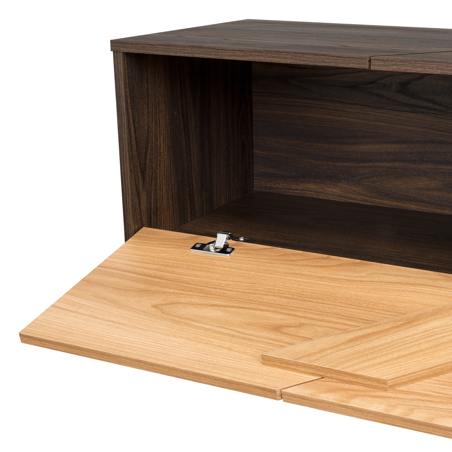 Mesa de Centro Orus, Nogal y Fresno Europeo, con una Puerta y Patas de Acero
