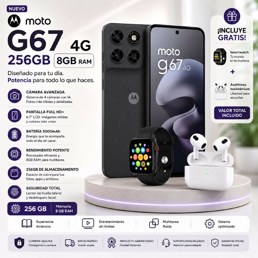 Smartphone Motorola G67 4G 256GB 8GB RAM Libre Negro + 2 Regalos Incluidos