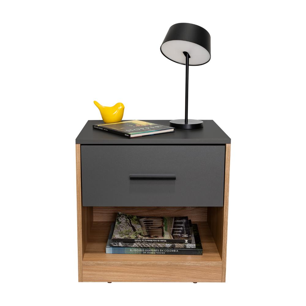 Mesa de Noche Ader, Plata Oscuro y Fresno Europeo, facil armado e instalacion ZF