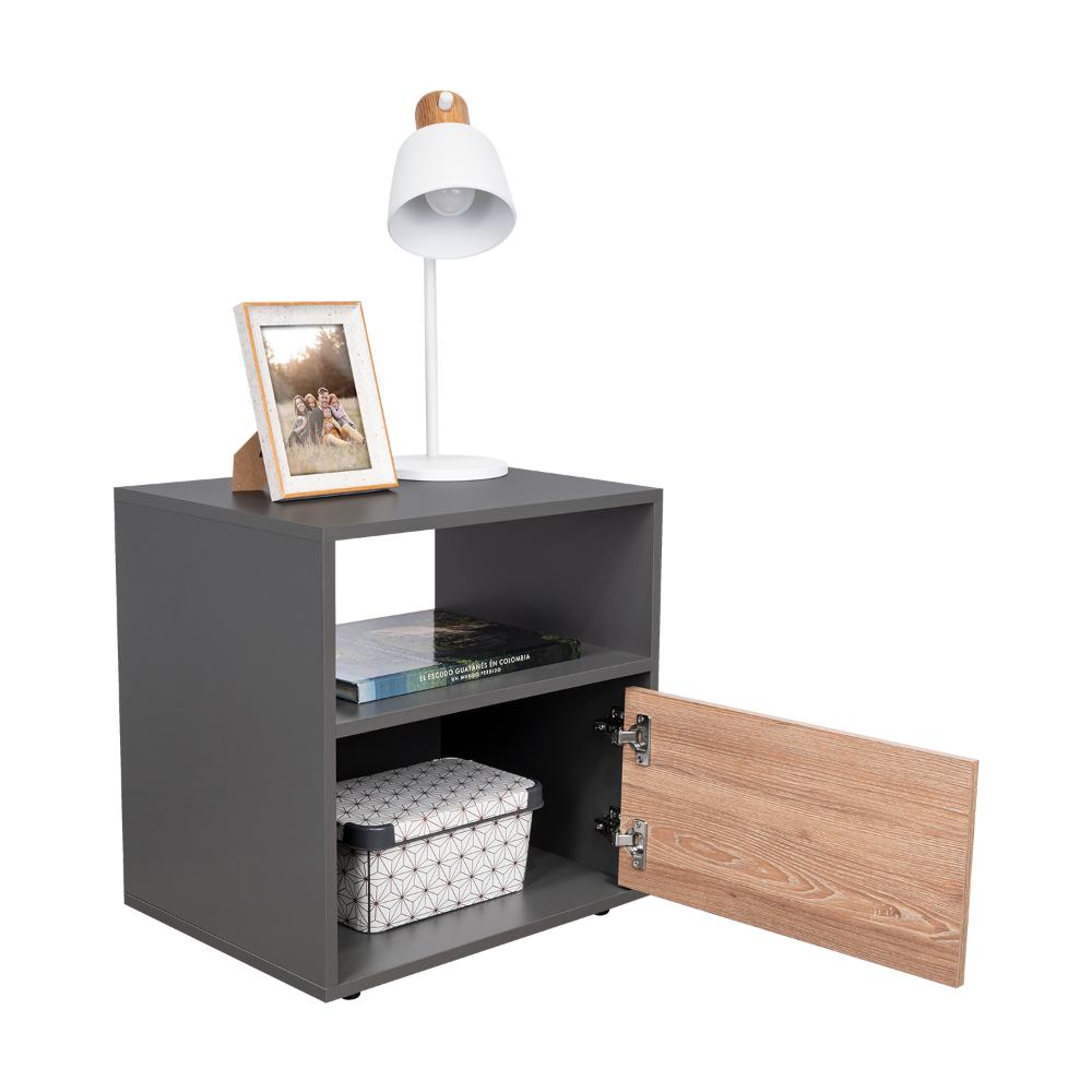 Mesa de Noche Galanto, Plata Oscuro y Miel, con Una Puerta Batiente X2