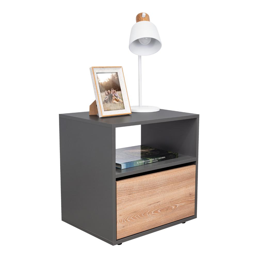 Mesa de Noche Galanto, Plata Oscuro y Miel, con Una Puerta Batiente X2