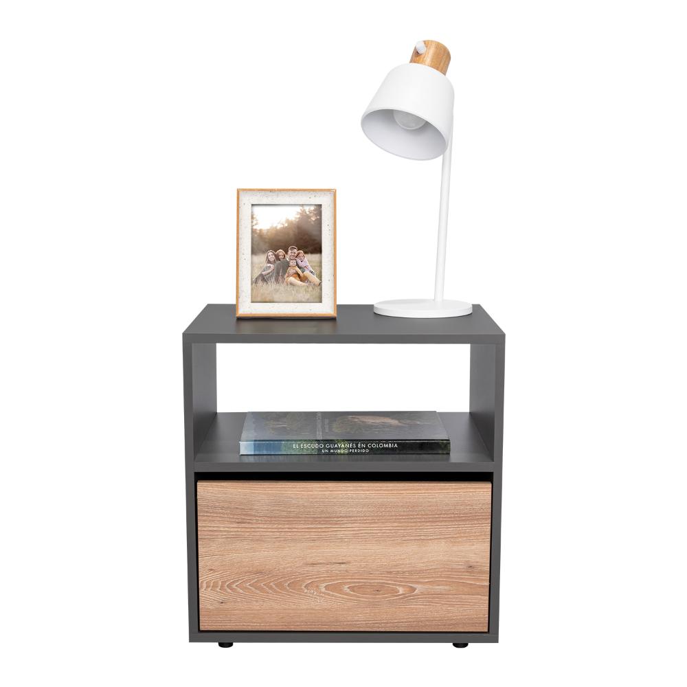 Mesa de Noche Galanto, Plata Oscuro y Miel, con Una Puerta Batiente X2