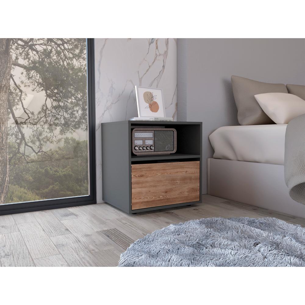 Mesa de Noche Galanto, Plata Oscuro y Miel, con Una Puerta Batiente X2