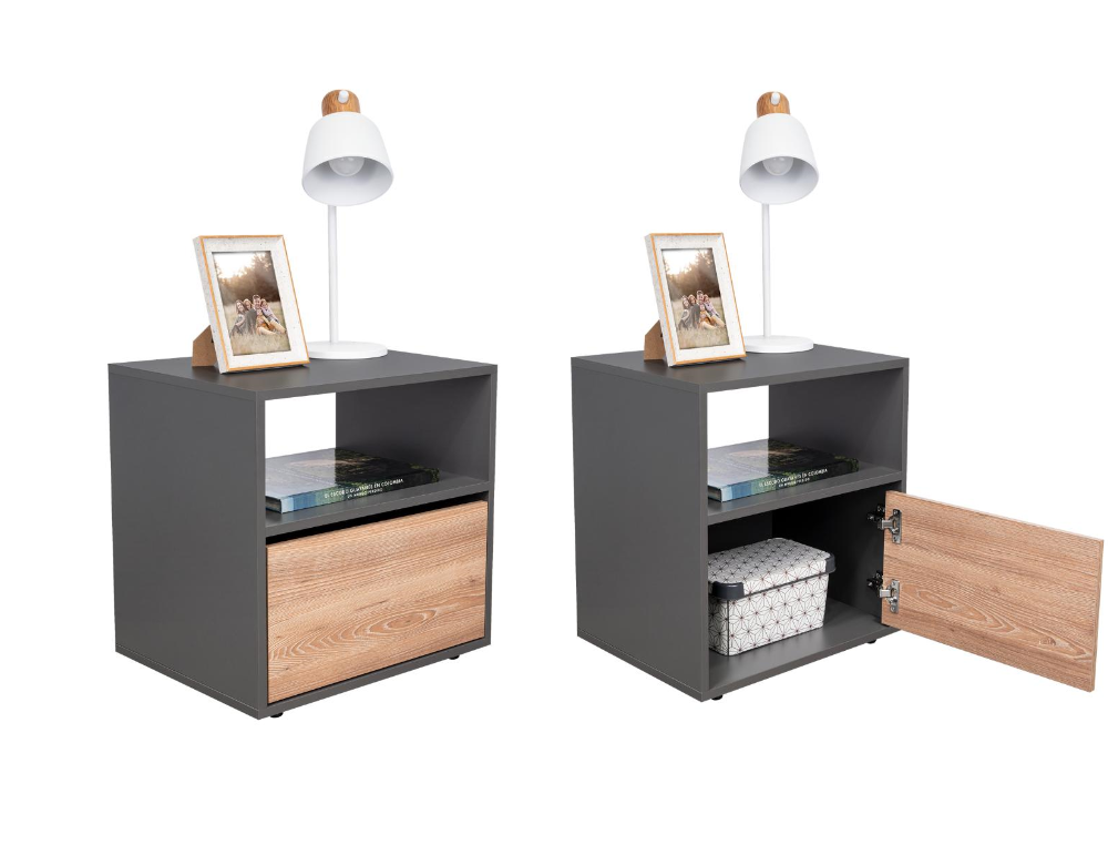 Mesa de Noche Galanto, Plata Oscuro y Miel, con Una Puerta Batiente X2