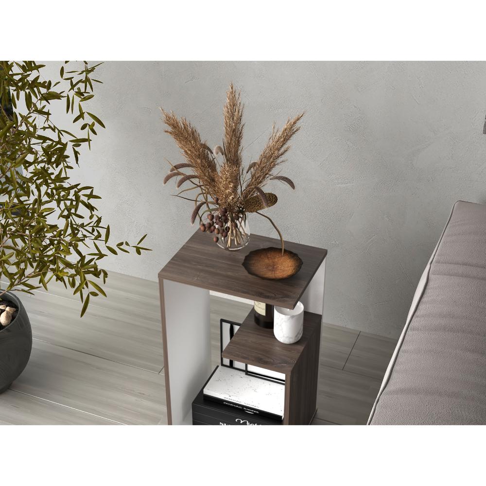 Mesa de Noche Evert, Avellana y Blanco, con diseño moderno y espacio para ubicar objetos