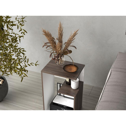 Mesa de Noche Evert, Avellana y Blanco, con diseño moderno y espacio para ubicar objetos